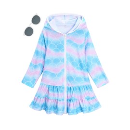 LUCKYGAL Mermaid Swim Cover-Up for Girls Beach Swimsuit Coverup Long Sleeve Beach Pool Clothes, Size 10 11