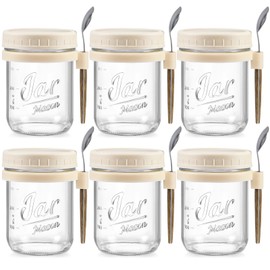 LANDNEOO 6 Pack Overnight Oats Containers with Lids and Spoons, 16 oz Glass Mason Overnight Oats Jars, Large Capacity Airtight Jars for Milk, Cereal, Fruit(Beige