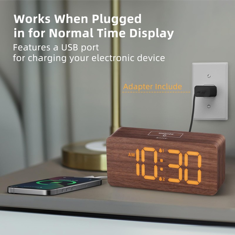 uscce Wooden Digital Alarm Clocks for Bedrooms: Dimmable Dual Alarm