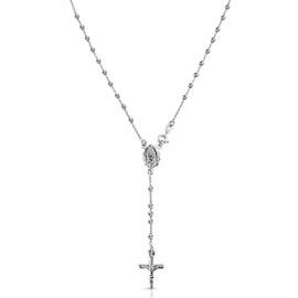 Savlano 925 Sterling Silver Italian Solid Bead Chain Cross & Rosary Virgin Mary Pendant Y Necklace Comes With Gift Box for Women - Made in Italy (20, 3mm)