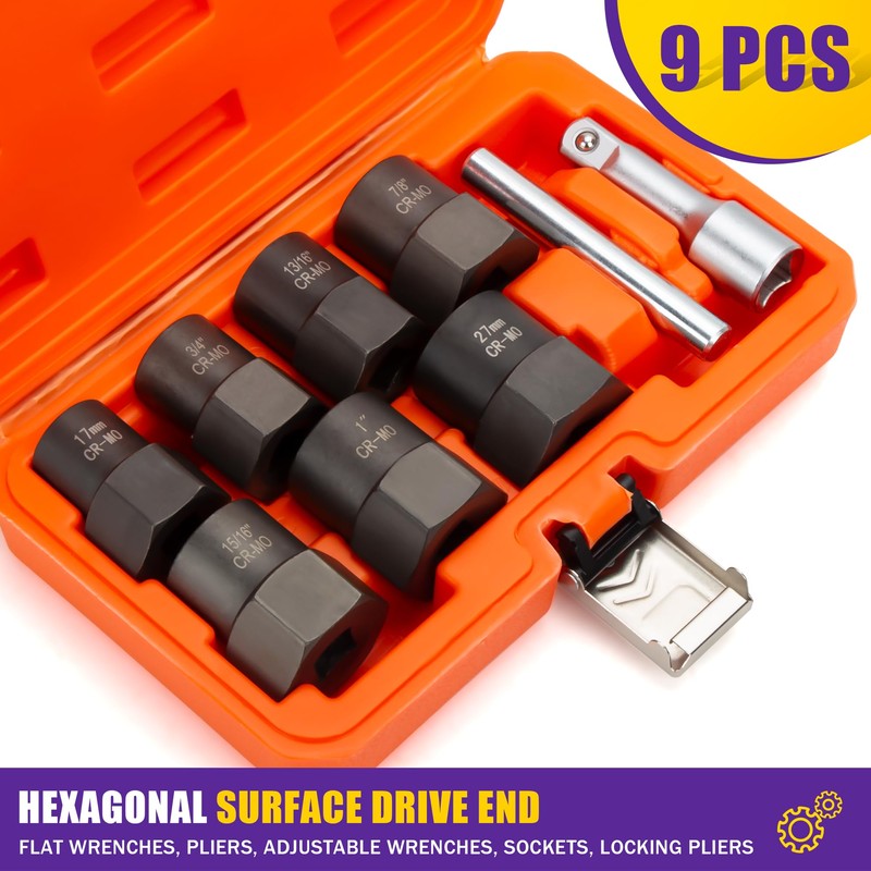 9PCS Bolt Extractor Kit Heavy Duty, 1/2" Drive Impact Lug