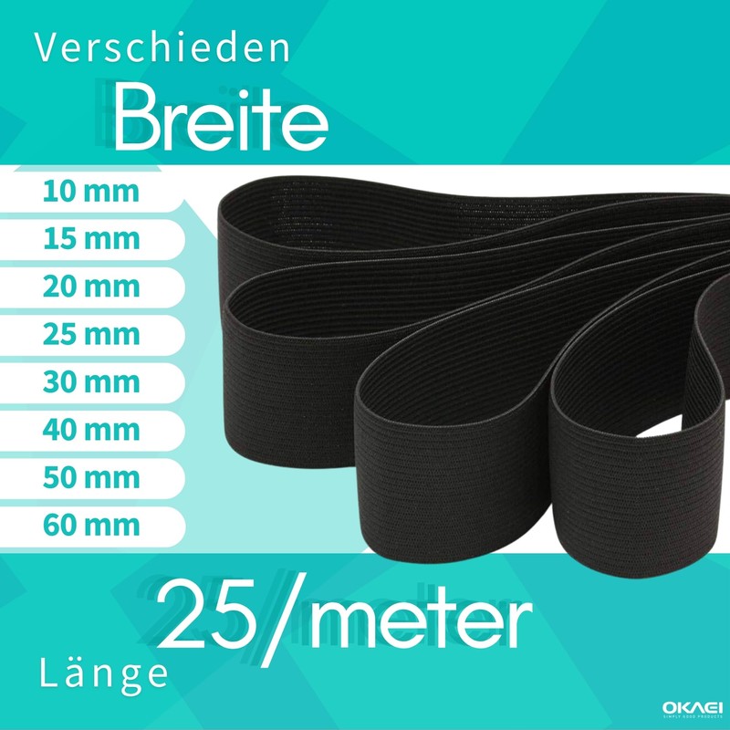Gummiband 25 m 15 mm Wide in Black or White