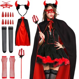 Devil Costume Women's Carnival Vampire Costume Set, Red Devil Cape (1.4 m), Vampire Teeth, Leggings, Devil Fork, Devil Angle, Lace Eye Patch, Gloves, for Carnival Masquerade, Cosplay, Theme Parties