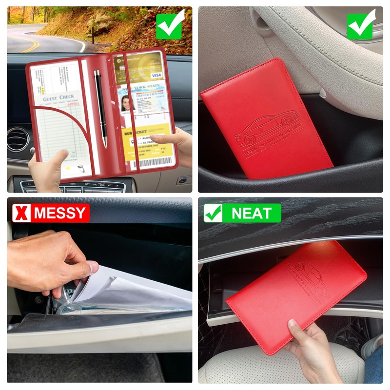 Car Registration and Insurance Card Holder, Leather License Document Red