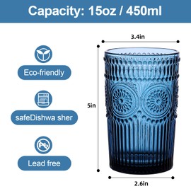 ZMOWIPDL Vintage Glassware Drinking Glasses Set of 6,13 oz Blue Textured Flower Design Glass Water Tumblers，Embossed Striped Drinkware for Water,Cocktails,Juice,Iced Coffee