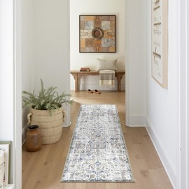 jinchan Runner Rug 2x5 Washable Hallway Rug Vintage Indoor Thin Retro Floor Cover Distressed Floral Country Lightweight Non Slip Carpet for Entryway Bathroom Kitchen Bedroom Living Room Blue