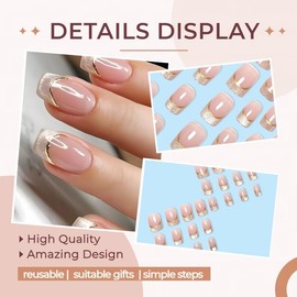 French Tips Press on Nails 24Pcs Glossy Gold Curve Line Short Square False Nails Chrome Gold Line Full Cover Glue on Nails Almond Shape Acrylic Nails Reusable French False Nails for Coquette Women
