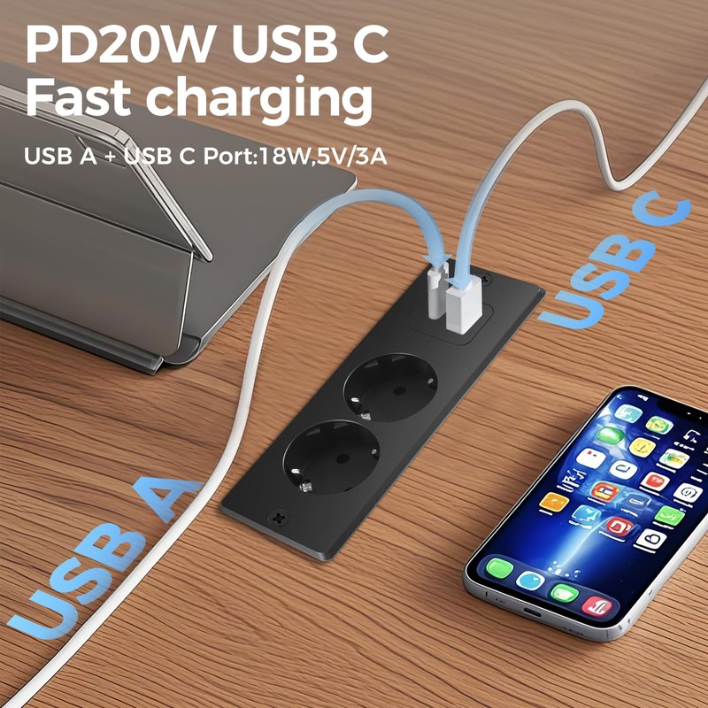 Tischplatte Steckdose mit USB C,Tischsteckdose Doppelstecker für Tischplatte oder Arbeitsflächen,Schreibtisch