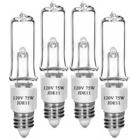Lachesan JDE11 120V 75W T4 Mini Candelabra Base（Replacement E11 Led Bulb） 2700K Clear Dimmable JD E11 Halogen Light Bulbs for Chandeliers, Ceiling Fan, Table Lamps, Cabinet Lighting, 4 Pack