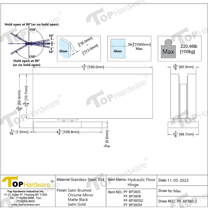 Top Hardware Stainless Steel 304 Grade Glass Door Hydraulic Floor