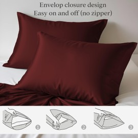 LINENWALAS 100% Organic Bamboo Pillow Cases 2 Pack, Cooling Pillowcases King Size 50x90 cm with Envelope Closure, Soft Premium Bamboo Silk Pillowcases for Hair and Skin (50x90 cm, Burgundy)