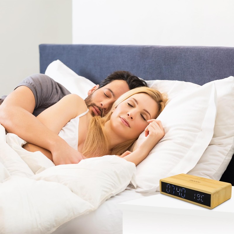 Mooov Bamboo Alarm Clock with LED Display, Black, Indoor Temperature,