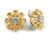 Yellow Citrine/Clear Cz Flower Clip On Earrings in Silver Tone