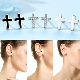 REVEMCN 925 Sterling Silver and Stainless Steel Cross Stud Earrings for Women Men, 3 Pairs (3 Pairs)