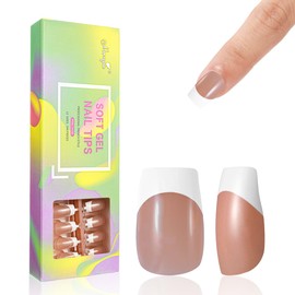 Monja French Tips Medium Square Colord Nail Tips Soft Gel Nail Tips No Need to File 144pcs Pre-French Nails Gel Fake Nails for Nail Extension 10 Sizes Easy to Use