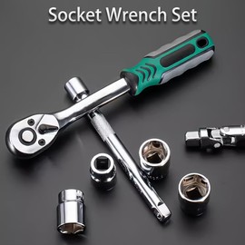Ratchet Socket Wrench Set 3/8 Inch Drive, Mechanic Tool Kit with 8mm-19mm Metric Sockets, Release Ratchet Handle and Extension bar,12-Pieces Plastic Rack,72/24 Teeth Ratchet Wrench