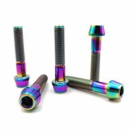 RISON-Titanium 5 pieces titanium bicycle stem screws, M6 x 1.0 x 28 mm, bicycle cone screws, conical hexagon socket screws, bicycle stem bolts, bicycle shaft screws, cone head screw