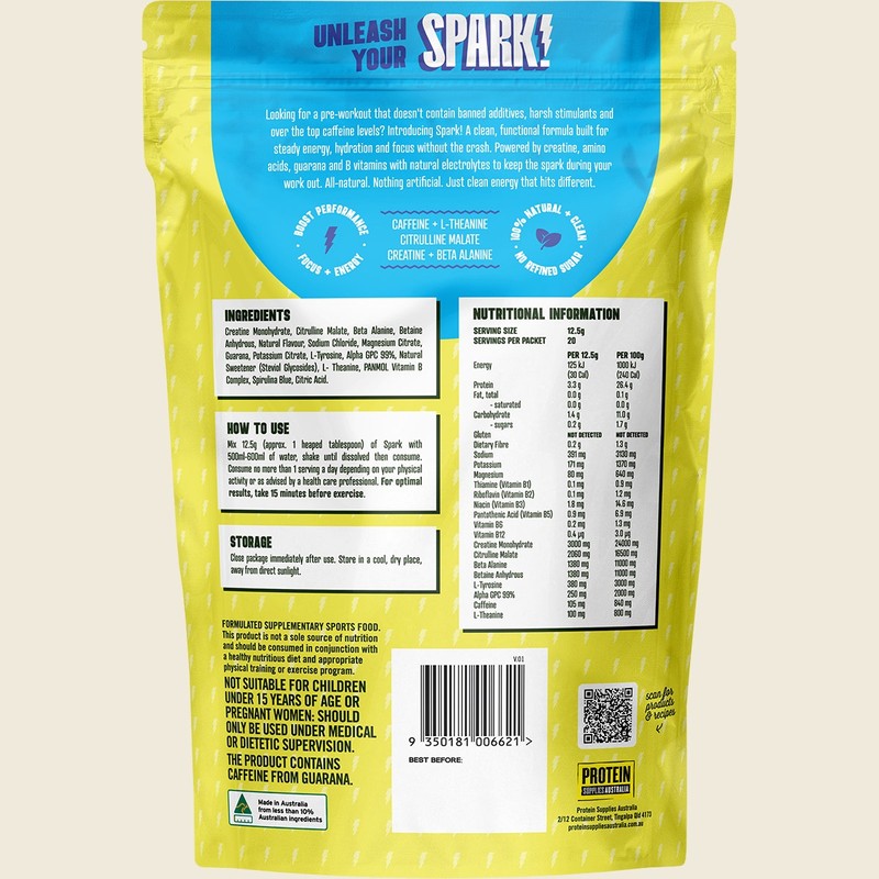 Protein Supplies Australia Spark Pre Workout Blue Raspberry 250g