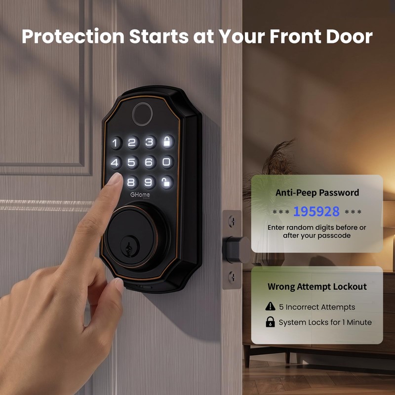 GHome Smart Fingerprint Door Lock for Front Door, Keyless Entry