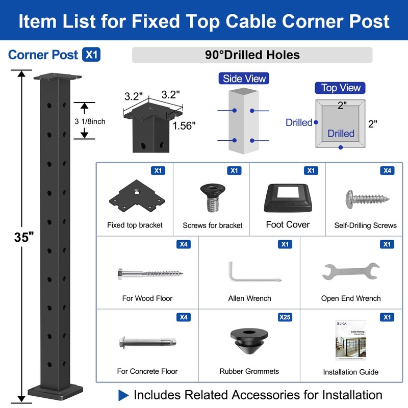 BLIKA 36" Cable Railing Corner Post(Post 35"x2"x2"), Flat Top Surface
