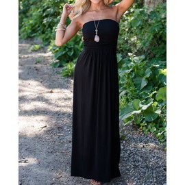 Ofenbuy Womens Off The Shoulder Maxi Dresses Summer Strapless Bandeau Long Dress with Pockets Black