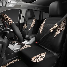 CAR PASS Leopard Print Faux Leather Car Seat Covers & Leopard Car Mats&Leopard Steering Wheel Cover Seat Belt Pad Universal Car Accessories for SUV,Van,Saden,Truck Automobile Interior Sets
