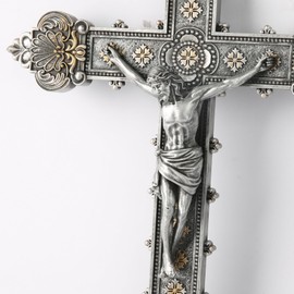 BC Catholic Crucifix Wall Cross, Jesus Christ Home Decor, Religious Gift, Vintage Style, Metal Carve Look, Silver Finish 12"H Hand-painted by Buildclassic