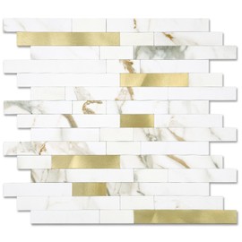 10 - Sheet Peel and Stick Backsplash Wall Tile, PVC Kitchen Backsplash, Stick on Tiles for Backsplash Kitchen (12'' X 12'', White with Gold)