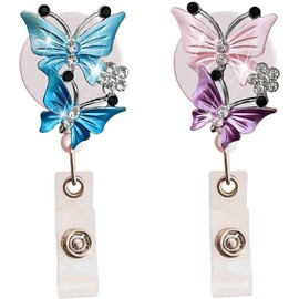 2 Pcs(Blue+Pink) Bling Butterfly Retractable ID Badge Holder Nurse Badge Reels with Clip, 24 inch Retractable Cord, Name Card Holders for Office Worker Doctor Girls Women, Badge Holders, Decorations