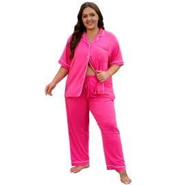 Vozanet Women's Plus Size Pajamas Button Down Shirt and Pants Soft Lounge Sets Bride Nighty Bottom with Pockets 1x to 5x, Rose, 3X-Large