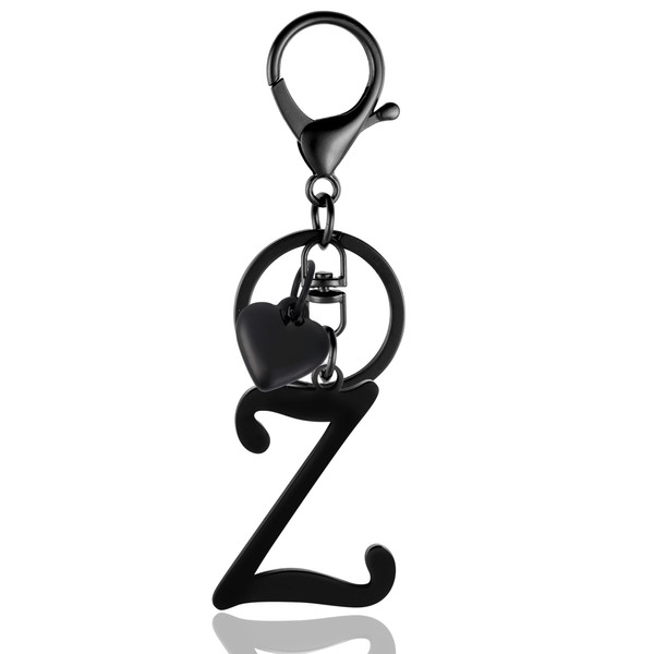 ANHBKAR A-Z Black Heart Initial Letter Keychain, Stainless Steel Alphabet