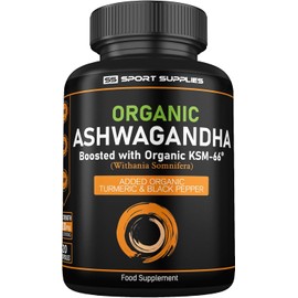 Organic Ashwagandha Capsules 1200mg - Boosted with 1000mg of Organic KSM-66 with 5% Withanolides (from 100mg Extract Ratio 10:1) - Added Turmeric 100mg and Black Pepper - UK Manufactured