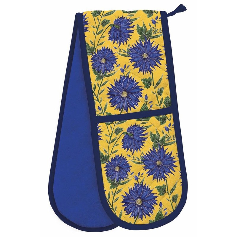 Double Oven Gloves - Organic Cotton - Artistic Blue Flowers