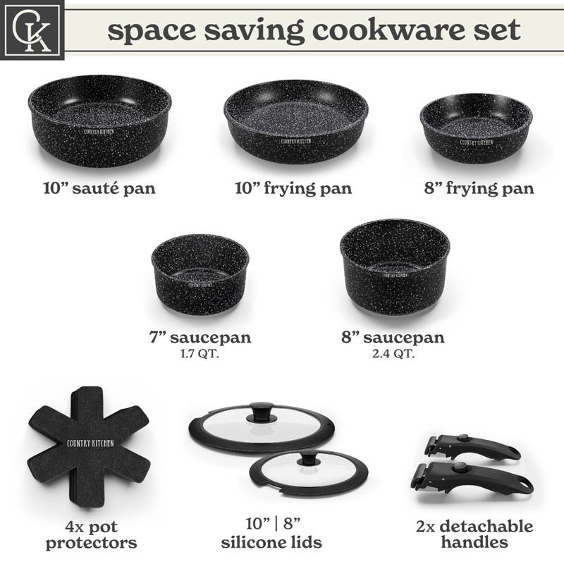 Country Kitchen Cookware Set with Removable Handle, Oven & RV