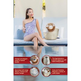 Rattan Bags for Women, Water Hyacinth Handbag - Handmade with a Rattan Handle & Beige Flower, a Unique Light Tone Bag for Boho - Vintage Style or Summer Travel,Vacations 2025 (Rattan Cheek)