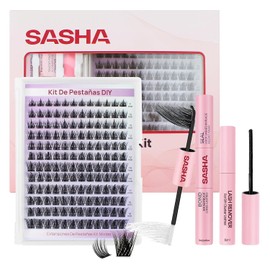 SASHA Extensión Pestañas Postizas Kit Completo, 144 Racimos Individuales Kit de Pestañas, Curvatura Tipo D Longitud Mixtas 9-18mm, Incluye 4 en 1 Herramienta Lash Bond y Seal y Remover y Pinzas