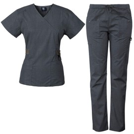 Medgear 12-Pocket Women's Scrub Set with Silver Snap Detail & Contrast Trim (Medium, Heather Charcoal)