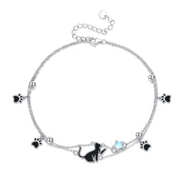 VIJASHOP Cat Anklets 925 Sterling Silver Black Cat Paw Print Anklet for Cat Lovers Cute Animal Pet Beach Foot Chain Jewelry Gifts for Women Daughter, One Size, Sterling Silver, no gemstone