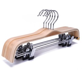 JS HANGER Wooden Pant Hangers, 5-Pack Light Weight Wood Skirt Hangers with Anti-Rust Hook and 2-Adjustable Clips
