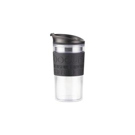 Bodum 12oz Double Wall Insulated Travel Mug with Lid, Clear Plastic w/Black Silicone Sleeve