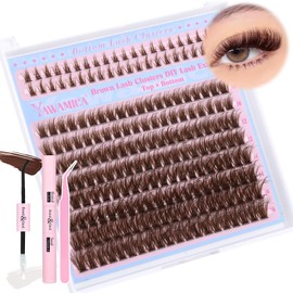 Yawamica Brown Lash Clusters Kit Fluffier Wispy Eyelash Extension Kit with Bottom Lashes 40D Volume Eyelash Clusters 10-16mm Individual Lashes with Brown Bond and Seal and Tweezers DIY Lash