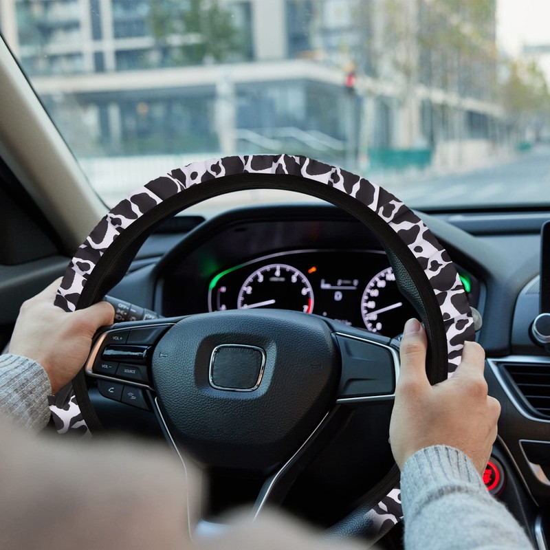 GRIRIW 1Set Cow Pattern Steering Wheel Cover Coaster Easy to