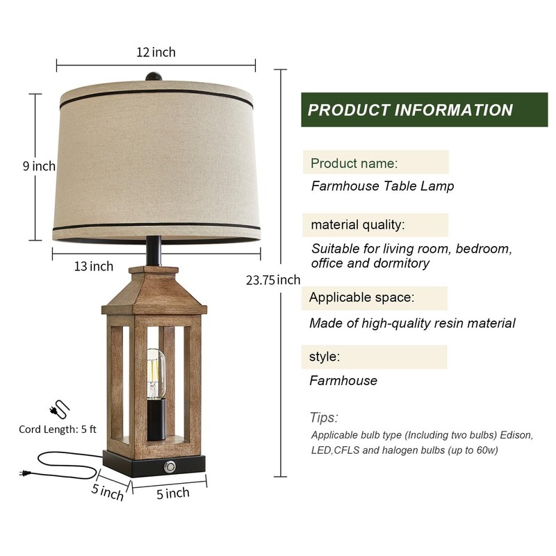 G-SAFAVA 23.75" Farmhouse Table Lamps USB A+C Charging Ports 3-Way