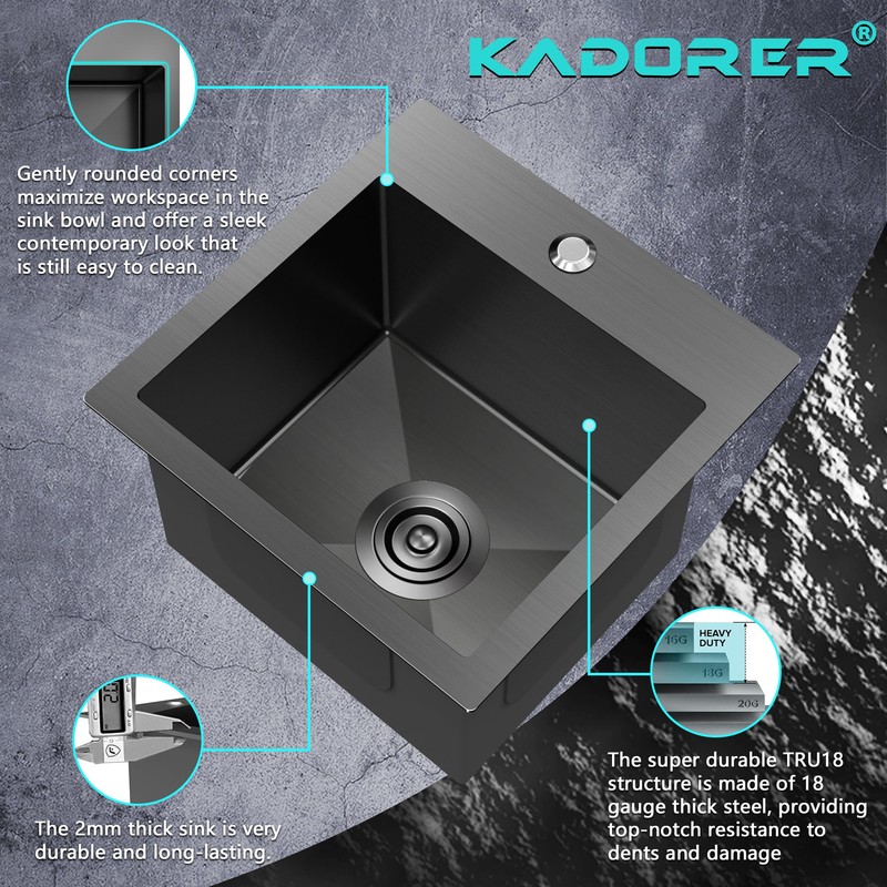 15 x 15 Inch Black Drop In Kitchen Sink -