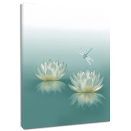 HVEST Dragonfly with Water Lily Flowers Canvas Wall Zen Spa Picture Printed Artwork for Living Room Bedroom Bathroom Wall Decor,Stretched and Framed Ready to Hang,16x24 Inches