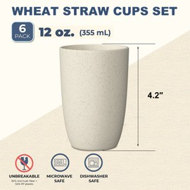 Wheat Straw Cups 6 PCS Good Alternative to Plastic Reusable Cups 12 oz Unbreakable Drinking Cup Reusable Dishwasher Safe Water Plastic Glasses Beige