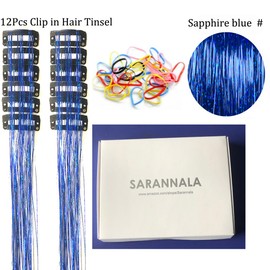 Clip in Hair Tinsel Pack of 12 Pcs 24 Inch Glitter Sapphire Blue Tinsel Hair Extensions Heat Resistant Sparkle Fairy Hair Accessories for Kids Girls & Women(24Inch 12Pcs,Sapphire blue)