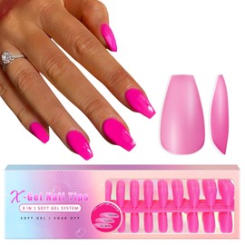 SXVME Soft Gel Nail Tips Medium Coffin Gel X Nails, 300Pcs Pre-applied Tip Primer Gel X Nail Tips, Natural Hot Pink Colored Gel Tips Acrylic Fake Nails Extensions False Nails Press ons for Easy DIY