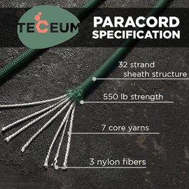 TECEUM Paracord Type III 550 Dark Emerald Green – 200 ft – 4mm – Tactical Rope MIL-SPEC – Outdoor para Cord –Camping Hiking Fishing Gear and Equipment – EDC Parachute Cord – Strong Survival Rope 022