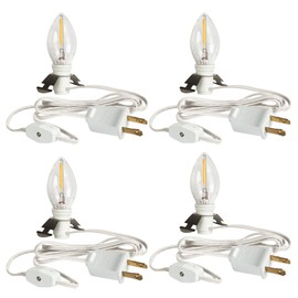 Dazzle Bright 4 Pack 6 FT Accessory Cord with LED Light Bulb E12 Socket White Cord with On/Off Switch Plug, C7 Candelabra Light Bulbs for Holiday Decorations, Christmas Village House, Pumpkin Lights